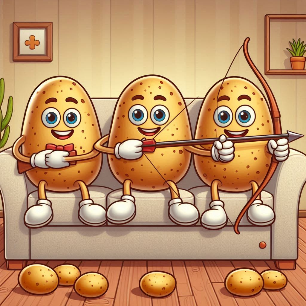 drei cartoon Kartoffeln die auf eine Couch sitzen und Bogen schiessen